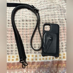 Black leather bandolier iPhone 11 phone case with crossbody strap